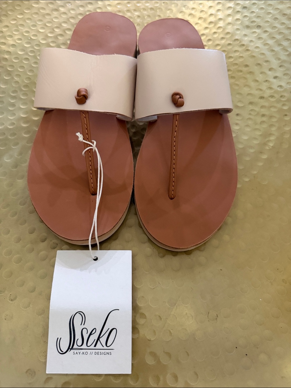 Sseko Cream and Tan Toe-Post Slide Sandals